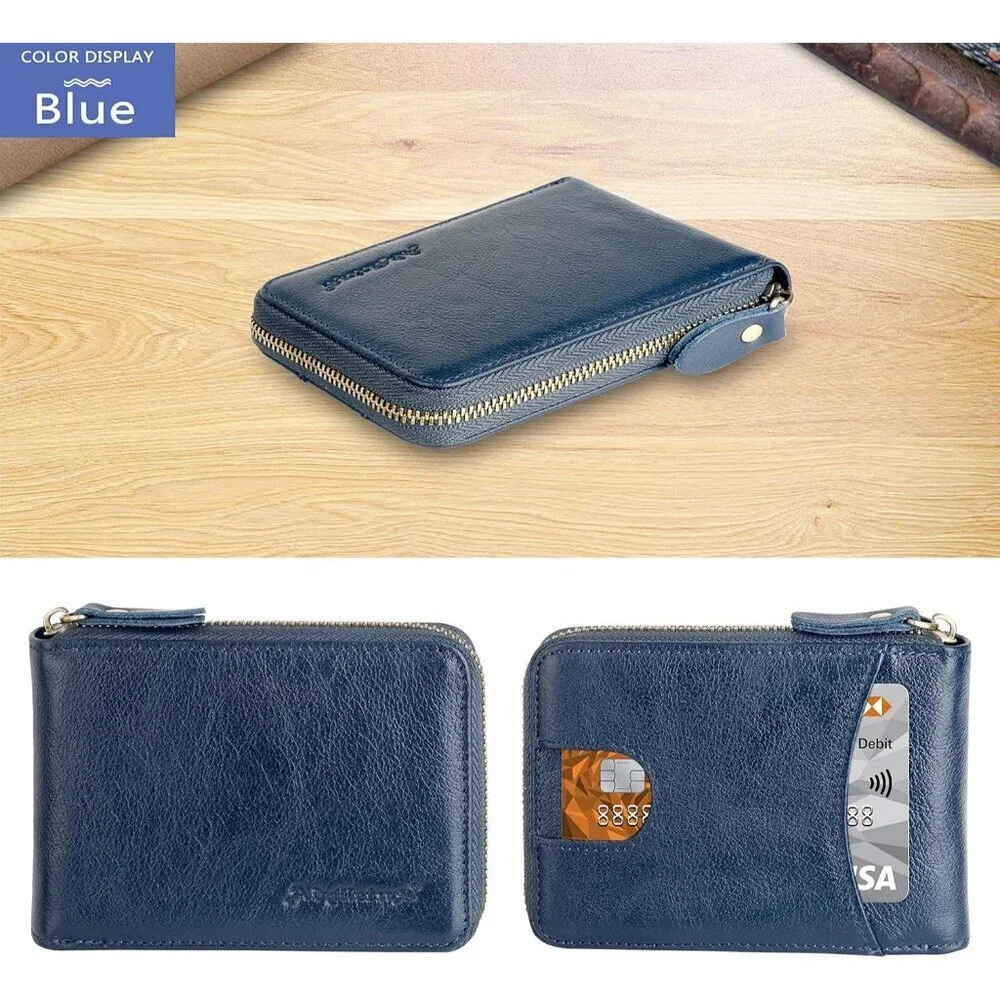 Men's Leather Navy Blue Bifold Beautiful Small Leather Credit Card Zipper Around
